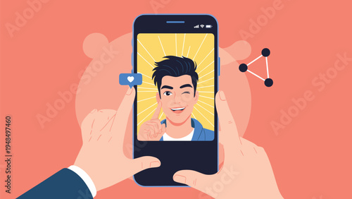 Hands holding a smartphone to take or view a winking selfie of a young man on a colorful social media screen interface.