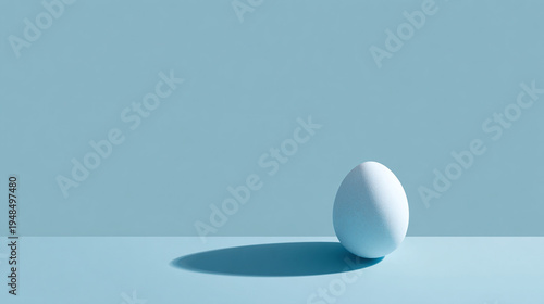 Simple white egg resting on a light blue surface with dramatic shadow, minimalist still life concept.