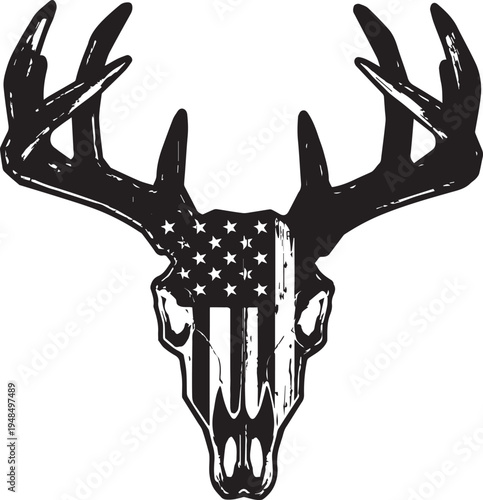  Deer Skull with American Flag - Patriotic Whitetail Antlers, Stars and Stripes, Distressed Vector Emblem