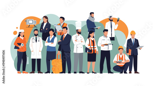 Large diverse group of people representing various professional occupations standing together in front of abstract shapes for career representation.