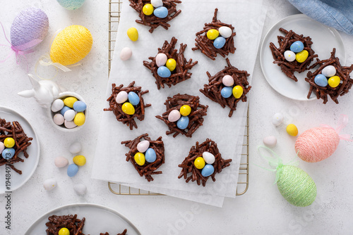 Chocolate bird nest dessert with cream chocolate eggs, dessert idea for Easter