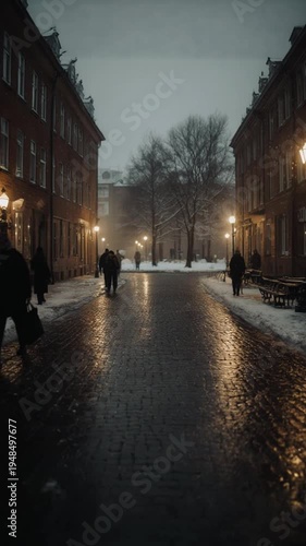 Wet city street at dusk winter.