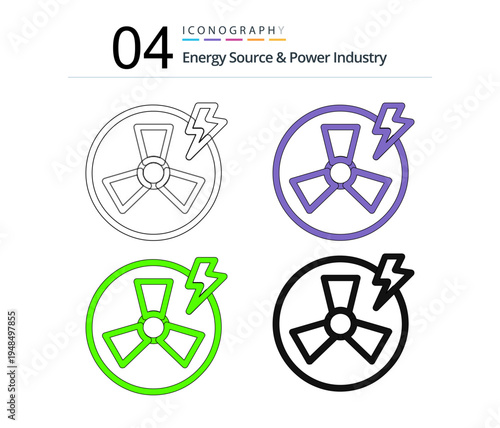 Energy Source & Power Industry Icons Set – Wind, Solar, Nuclear, Lightning, Electrical Symbols