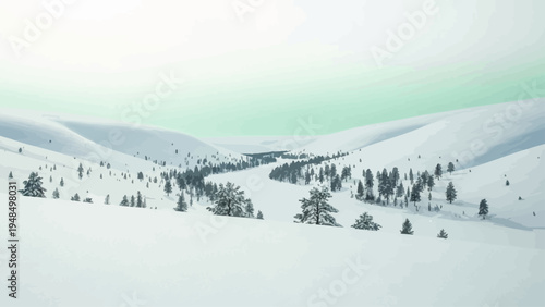 Snow Covered Mountains with Evergreen Trees.