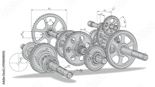 Mechanical Gears and Shafts Technical Drawing.