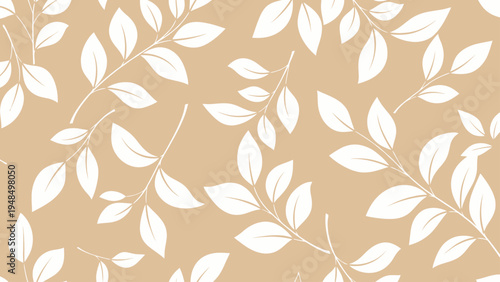 White Leaves Pattern on Beige Background.