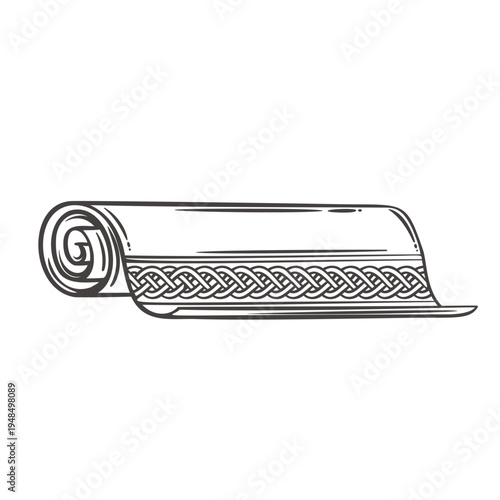 Viking scroll with braided knot ornament and carved wood texture, traditional Norse decorative panel inspired by runic patterns. Monochrome engraving detailed Viking scroll, vector illustration.