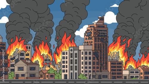 Dramatic illustration of a city on fire with dark smoke billowing from skyscrapers and houses representing a catastrophic disaster or war zone.