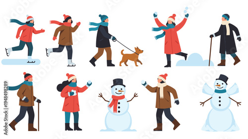 People enjoying various outdoor winter activities like ice skating, walking the dog, building a snowman, and throwing snowballs in the cold.