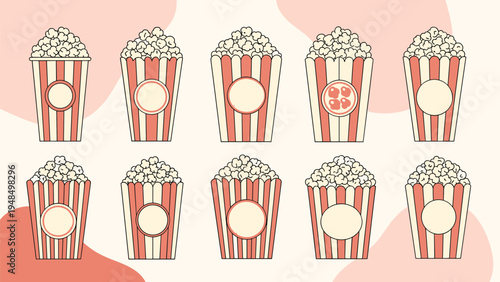 Grid of ten classic striped popcorn buckets filled with fluffy popcorn and featuring circular blank labels for custom branding or logos.