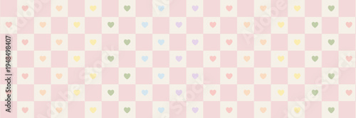 Pastel rainbow hearts pink gingham pattern. Retro hand-drawn checkerboard background with colorful heart icons. Cute aesthetic design for pride, nursery decor, stationery. Vector illustration.