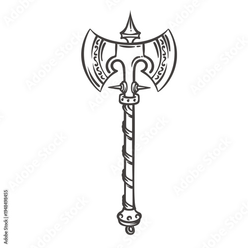 Viking double axe with engraved blades and wrapped handle, traditional Norse battle weapon symbolizing strength and warrior heritage. Detailed Viking axe in engraving style vector illustration.