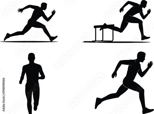 Running athlete silhouette collection with sprint runner and hurdle jump track and field sport flat vector illustration set