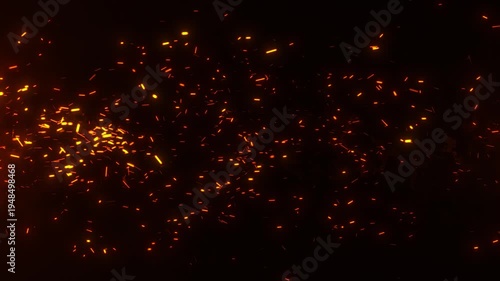 Glowing orange sparks flying across a dark background creating a fiery particle effect. Dramatic abstract animation representing heat, fire, energy, welding sparks, and intense glowing embers.