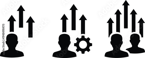 Illustration of different career growth and teamwork concepts in black and white Vector