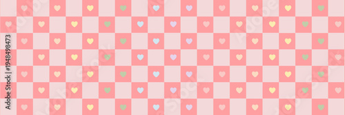 Pastel rainbow hearts pink gingham pattern. Retro hand-drawn checkerboard background with colorful heart icons. Cute aesthetic design for pride, nursery decor, stationery. Vector illustration.