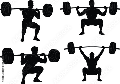 Weightlifting athlete silhouette performing barbell squat and overhead lift exercises, strength training fitness workout flat vector illustration set