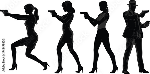 Secret agent and spy silhouette characters holding handgun pistols, action crime scene concept isolated flat vector illustration set