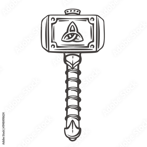 Viking Thor hammer Mjolnir with carved triquetra symbol and engraved frame, traditional Norse myth weapon linked to power and protection. Detailed Viking hammer in engraving style vector illustration.