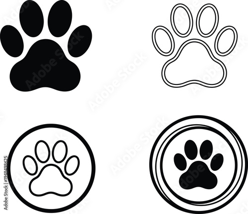 Four stylized paw print icons in black and white variations Vector