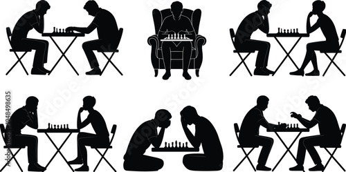 Chess players silhouette collection showing people thinking and playing chess game strategy at table isolated flat vector illustration set