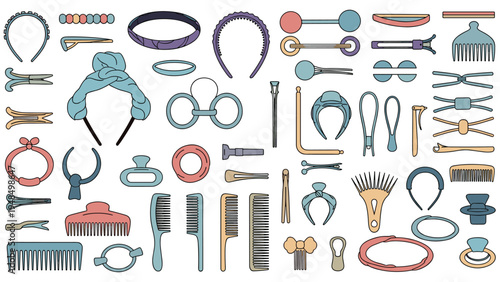 Extensive array of hair styling tools and accessories such as clips, headbands, combs, and pins in muted tones for beauty grooming.