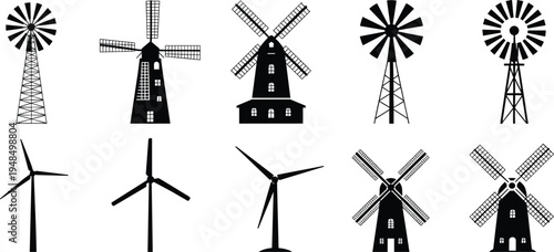 Windmill and wind turbine silhouette collection showing traditional mills and modern renewable energy turbines isolated flat vector illustration set