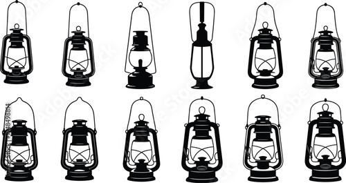 Vintage kerosene lantern silhouette collection with different classic oil lamps isolated, retro camping light set flat vector illustration