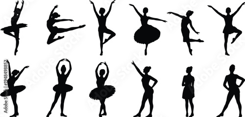 Ballet dancer silhouette collection showing different dance poses, graceful ballerina movement set isolated, performing arts flat vector illustration design