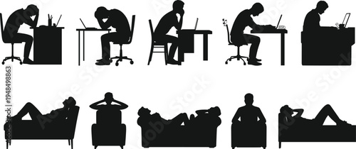 Psychotherapy session silhouettes showing patient and therapist interaction, mental health counseling concept with different poses flat vector illustration