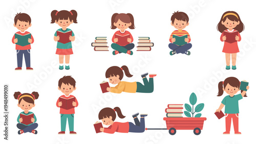 Group of happy young children reading books in various positions like sitting, lying down, and standing to promote early childhood literacy.