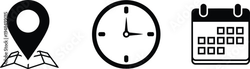 Icons representing location, time, and scheduling in a minimalist style Vector