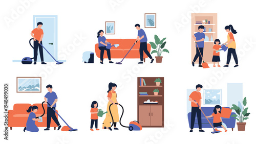 Families working together to clean their homes using vacuum cleaners, brooms, and watering plants to teach children responsibility.