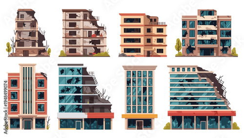 Set of damaged and abandoned urban buildings with broken windows and crumbling walls representing war zones or decayed cityscapes.