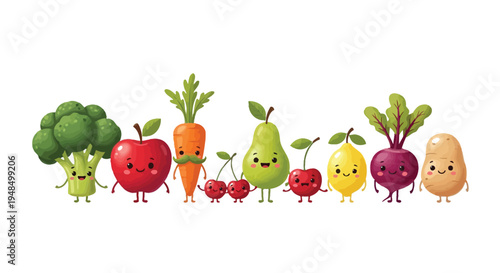 Cute cartoon fruits and vegetables line up cheerfully.