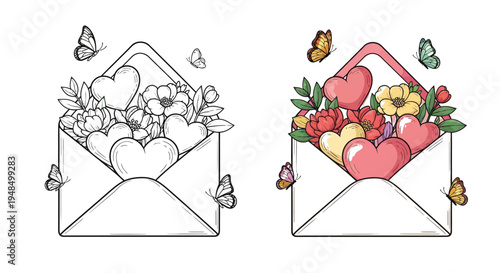 The love letter envelope overflows with hearts and florals.