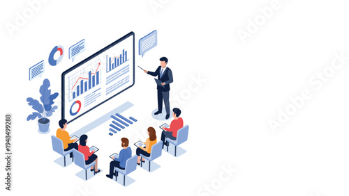 Professional businessman conducts a data presentation using a large screen with financial charts to an attentive audience.