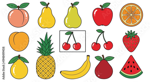 Assorted fresh fruit icons are displayed in three rows.