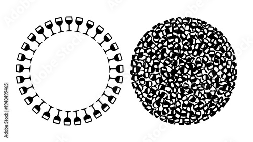 Abstract Wine Glass Circle Frames and Pattern Set - Minimalist Wine Bar Icon Collection