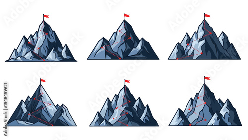 Set of mountain peaks with marked paths leading to red flags at the summits illustrates the journey toward success.