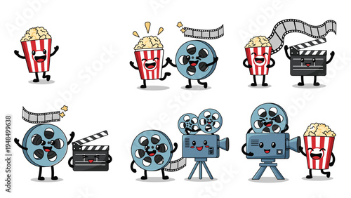 Collection of adorable popcorn and film reel characters show joyful expressions to represent cinema fun for kids.