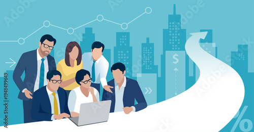 Brainstorming, vision, strategy. The team discuss successful business plan. Vector illustration 