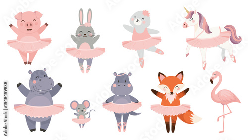 Adorable animals like a pig, bunny, and hippo are dressed as ballerinas in pink tutus to create a whimsical collection.