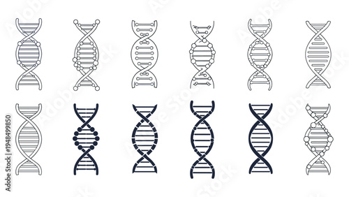 Set of diverse DNA double helix icons in various graphical styles represents genetic science and biotechnology.