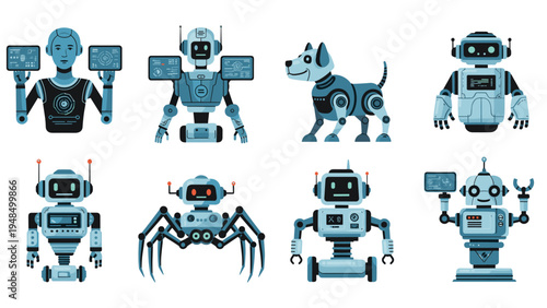Array of advanced robot models including humanoid, canine, and spider designs illustrates the future of automation.