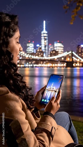 Woman using smartphone by waterfront at night.