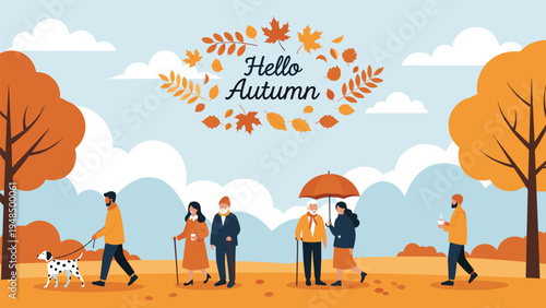 Scenic autumn park illustration features diverse people walking surrounded by falling leaves under a greeting message.