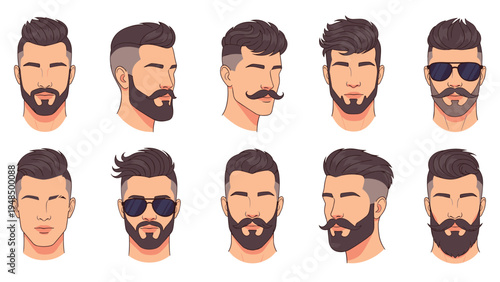 Collection of men's facial hair and hairstyle options features different beard shapes and trendy cuts for grooming.