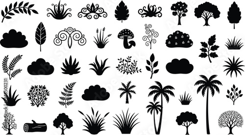 Large collection of plant tree leaf and mushroom silhouettes including tropical palms bushes and botanical elements isolated as black vector icons for nature design
