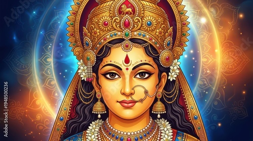 Colorful digital illustration of a Hindu goddess with ornate jewelry